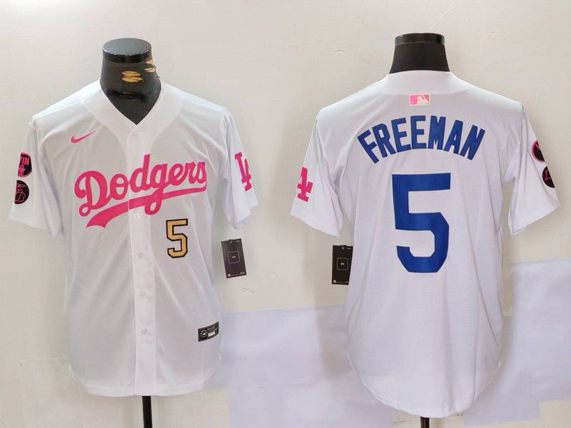 Men Los Angeles Dodgers 5 Freeman White pink joint name 2024 Nike MLB Jersey style 4